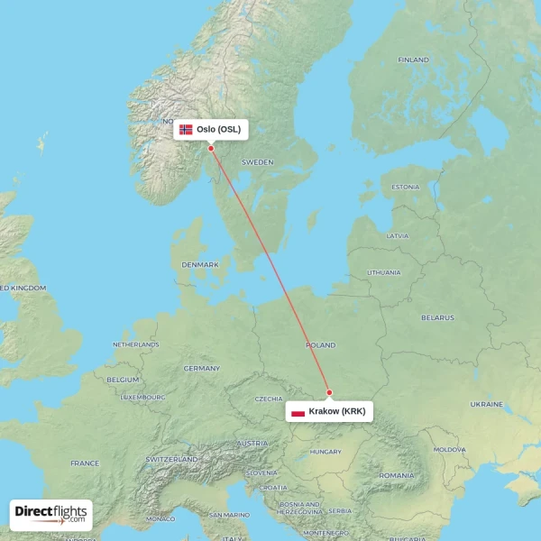 Krakow - Oslo direct flight map
