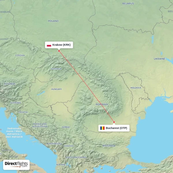 Krakow - Bucharest direct flight map
