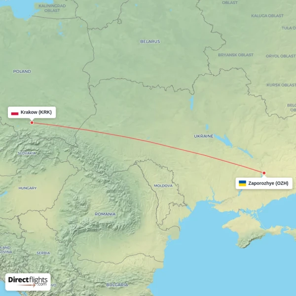 Krakow - Zaporozhye direct flight map