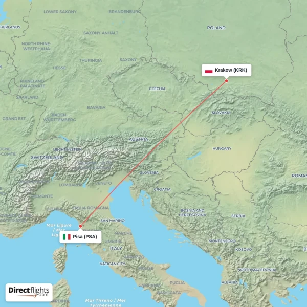 Krakow - Pisa direct flight map