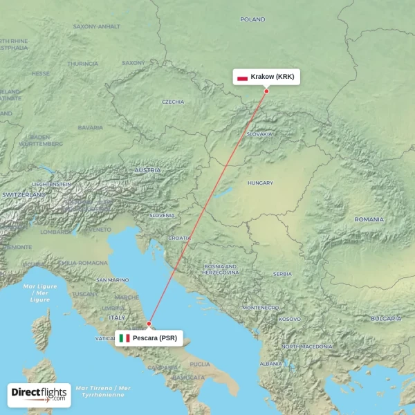 Krakow - Pescara direct flight map