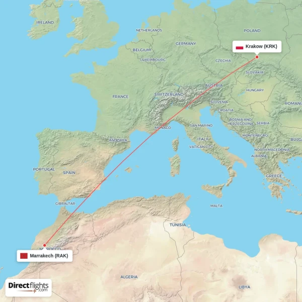 Krakow - Marrakech direct flight map