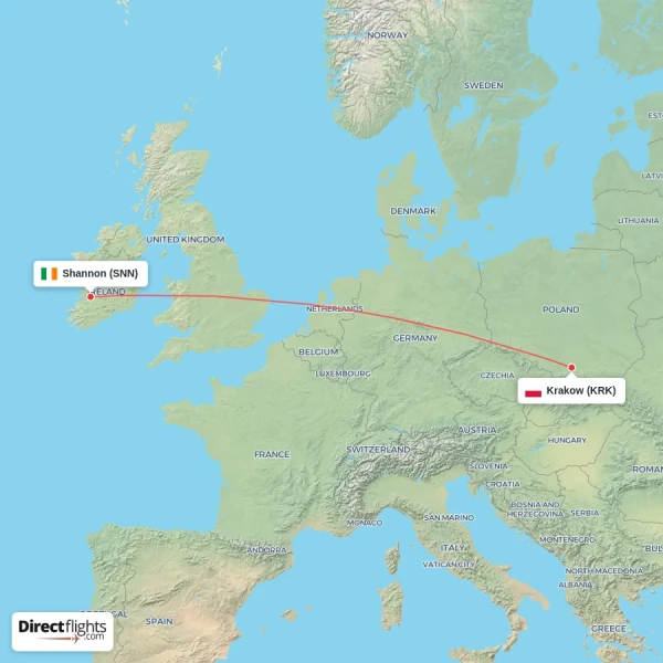 Krakow - Shannon direct flight map