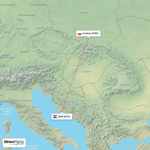 Krakow - Split direct flight map