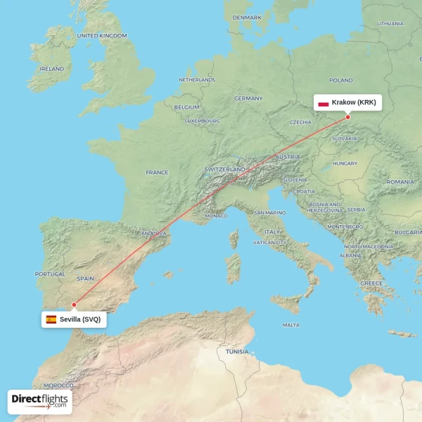 Krakow - Sevilla direct flight map
