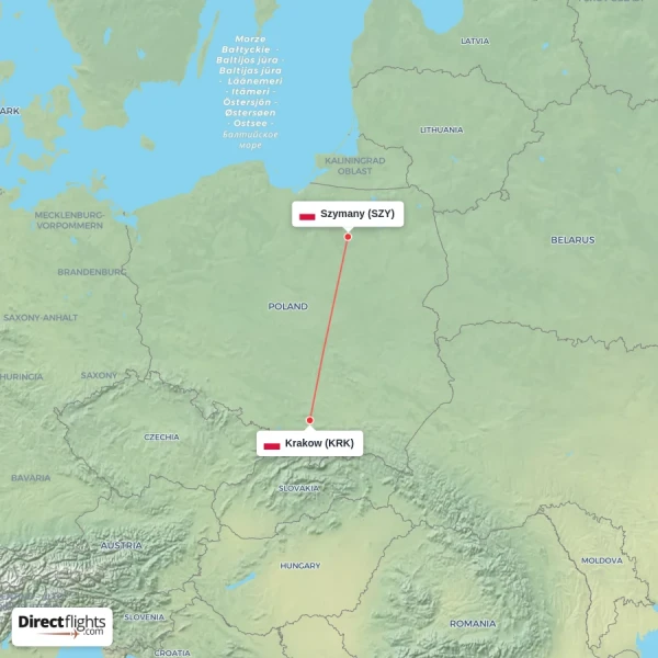 Krakow - Szymany direct flight map