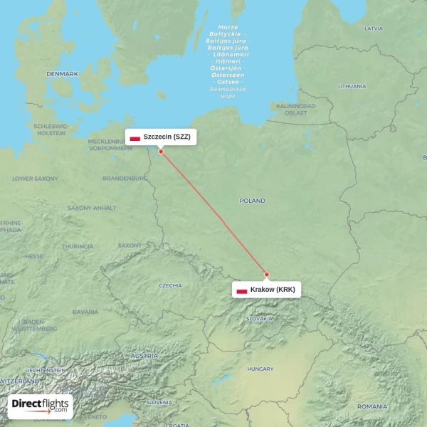 Krakow - Szczecin direct flight map