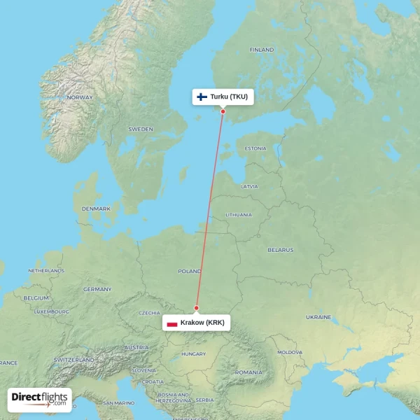 Krakow - Turku direct flight map