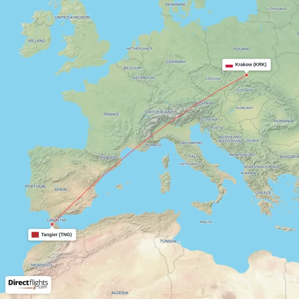 Krakow - Tangier direct flight map