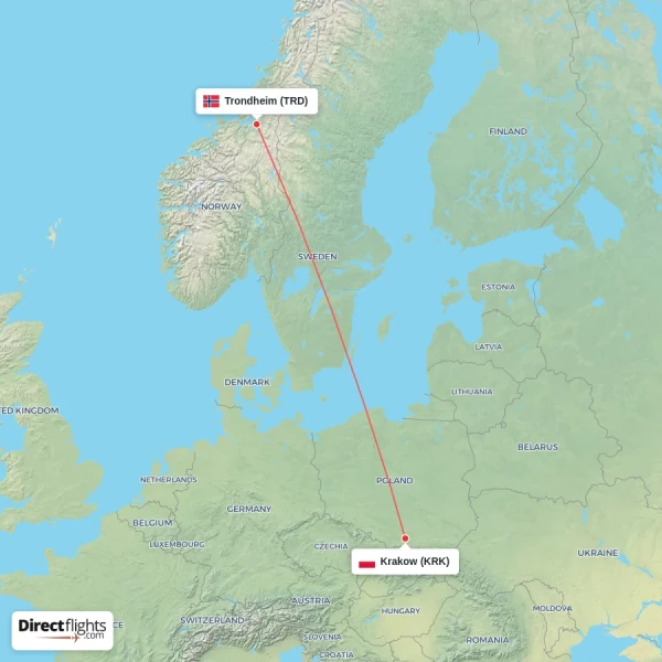 Krakow - Trondheim direct flight map