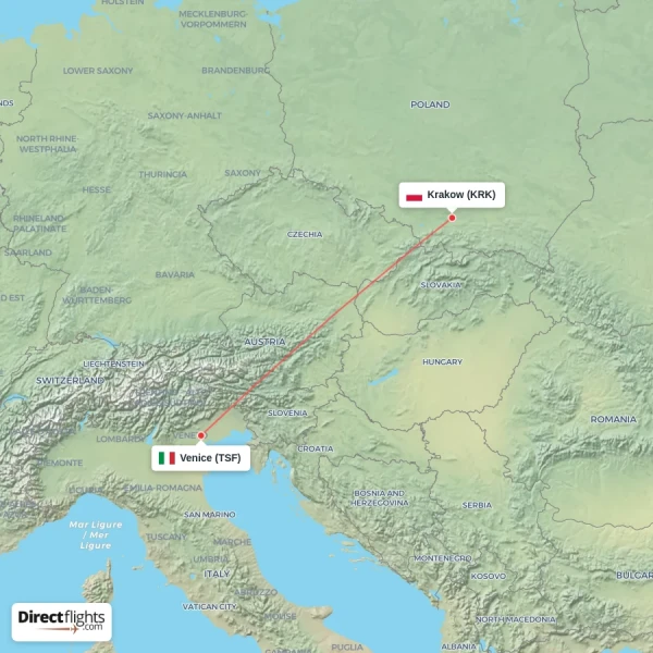 Krakow - Venice direct flight map