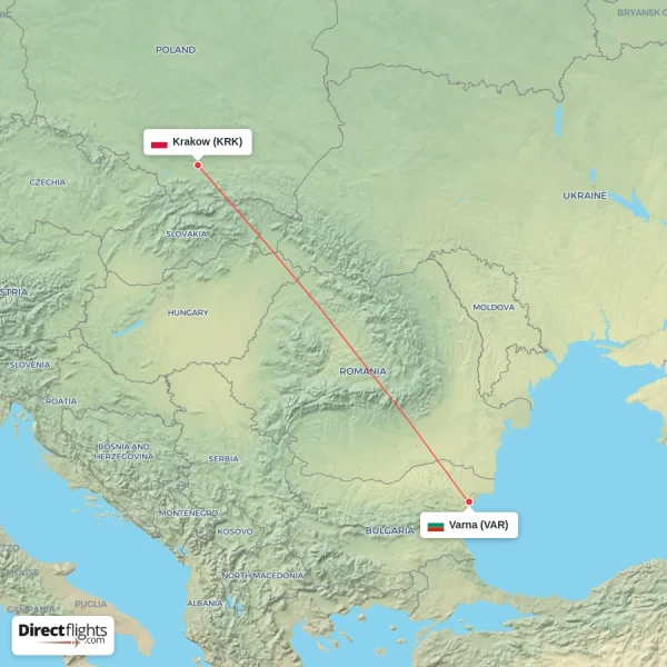 Krakow - Varna direct flight map