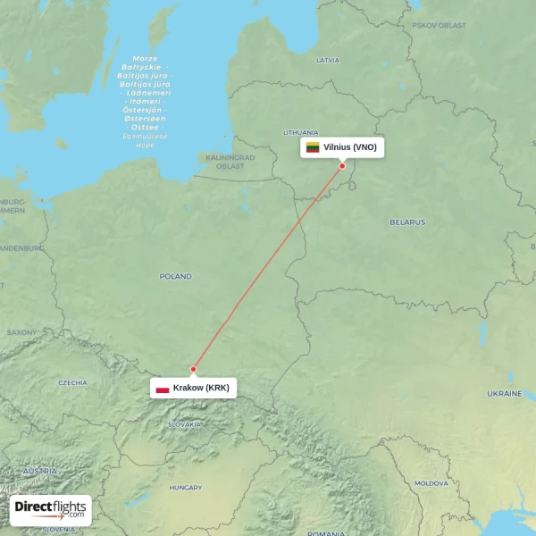 Krakow - Vilnius direct flight map