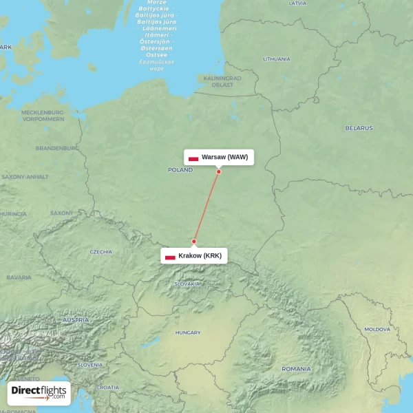 Krakow - Warsaw direct flight map