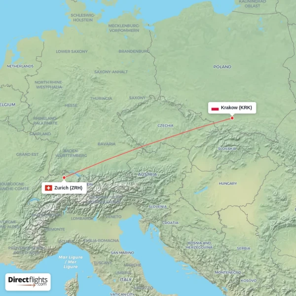 Krakow - Zurich direct flight map