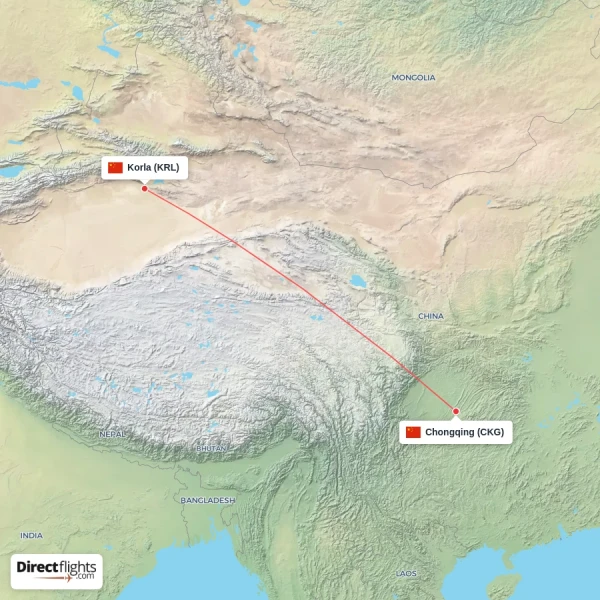 Korla - Chongqing direct flight map