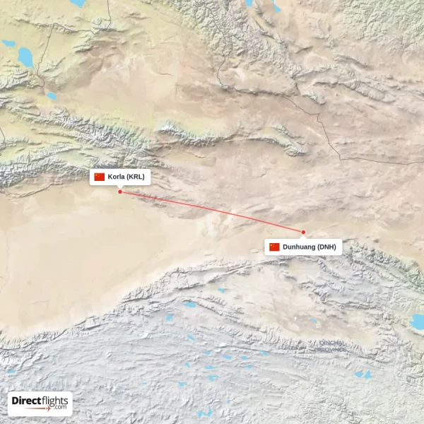 Korla - Dunhuang direct flight map