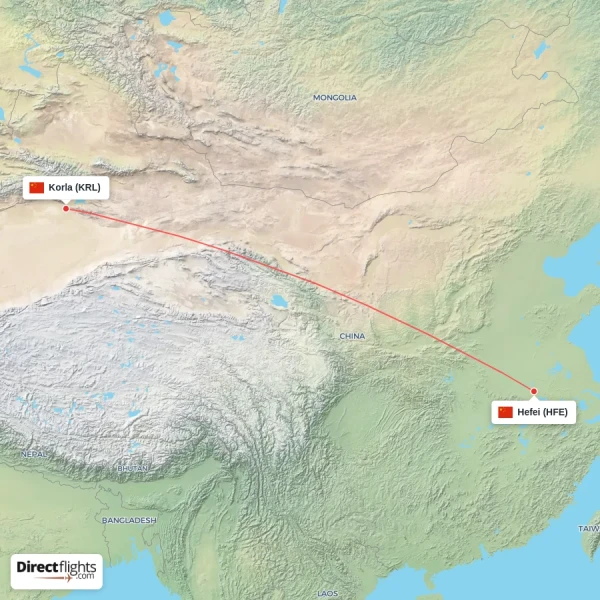 Korla - Hefei direct flight map