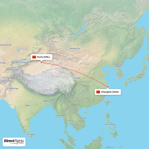 Korla - Shanghai direct flight map