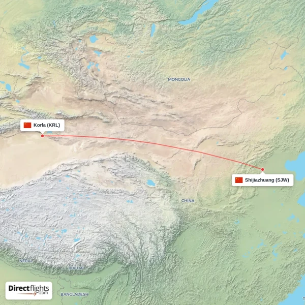 Korla - Shijiazhuang direct flight map