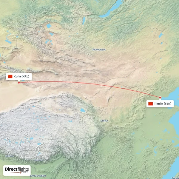 Korla - Tianjin direct flight map