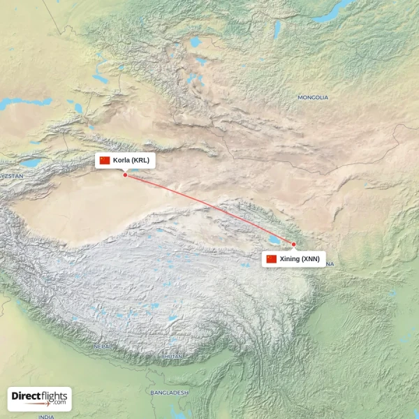 Korla - Xining direct flight map