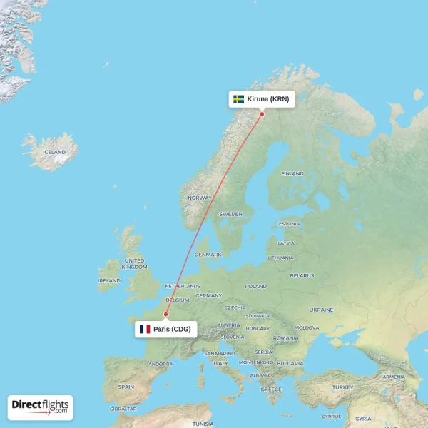 Kiruna - Paris direct flight map