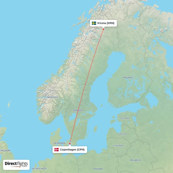 Kiruna - Copenhagen direct flight map