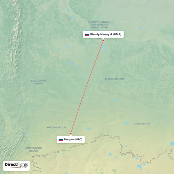 Kurgan - Khanty-Mansiysk direct flight map
