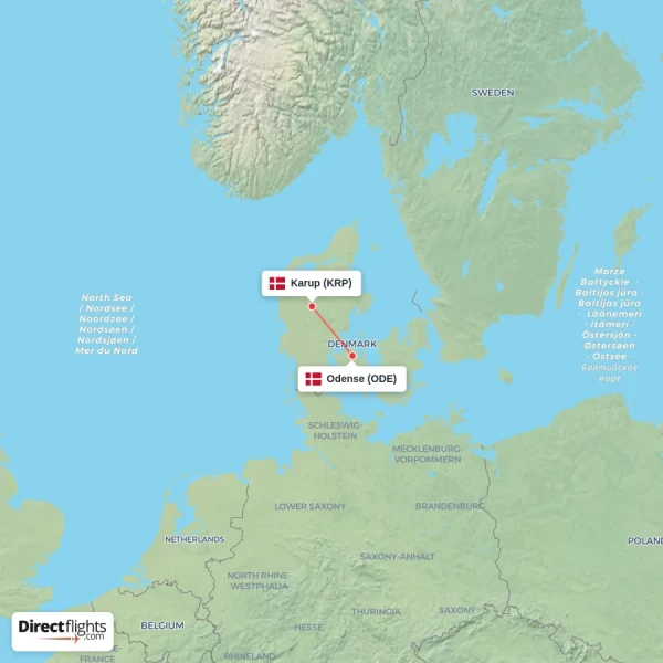 Karup - Odense direct flight map