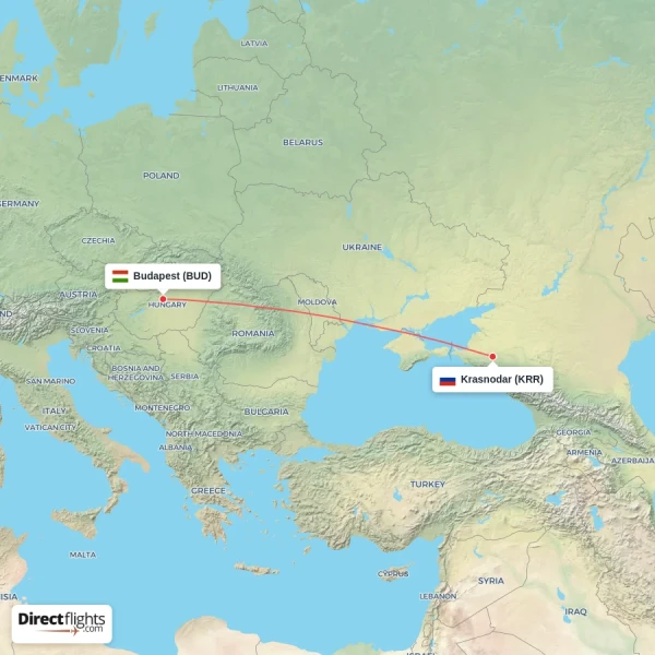 Krasnodar - Budapest direct flight map