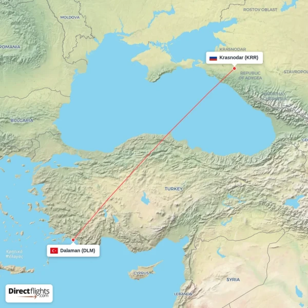 Krasnodar - Dalaman direct flight map
