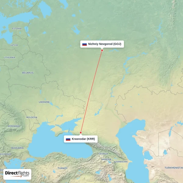 Krasnodar - Nizhniy Novgorod direct flight map