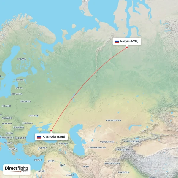 Krasnodar - Nadym direct flight map