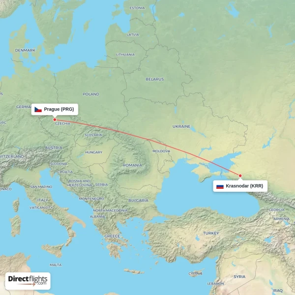 Krasnodar - Prague direct flight map