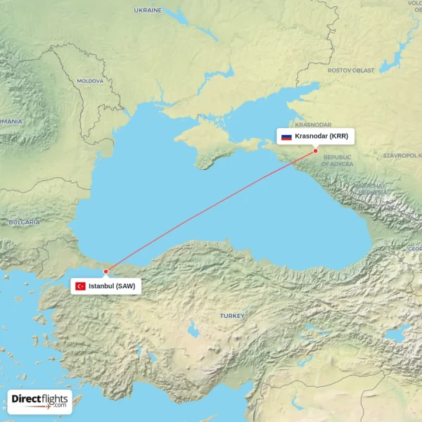 Krasnodar - Istanbul direct flight map