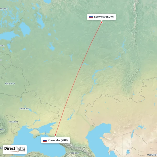 Krasnodar - Syktyvkar direct flight map