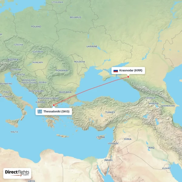 Krasnodar - Thessaloniki direct flight map