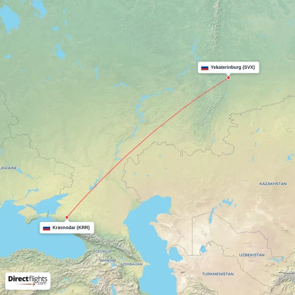 Krasnodar - Yekaterinburg direct flight map