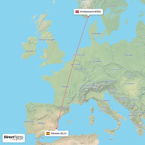Kristiansand - Alicante direct flight map