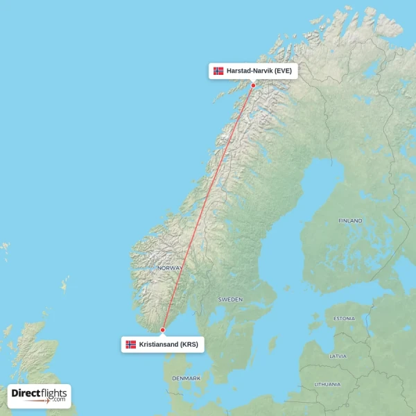 Kristiansand - Harstad-Narvik direct flight map