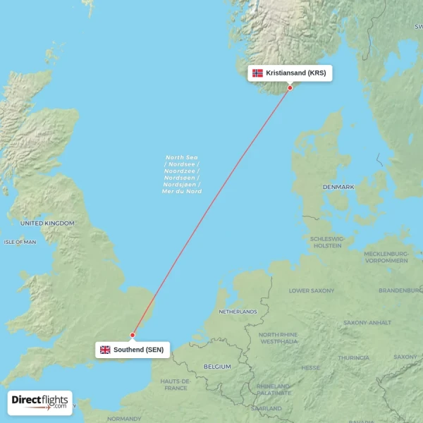 Kristiansand - Southend direct flight map