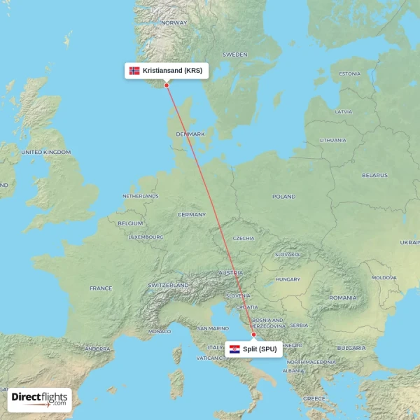 Kristiansand - Split direct flight map
