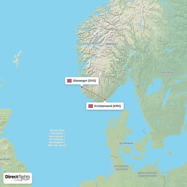 Kristiansand - Stavanger direct flight map