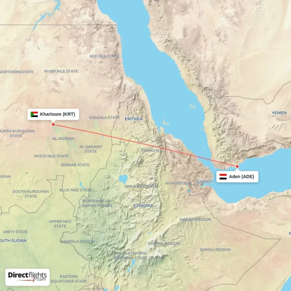 Khartoum - Aden direct flight map