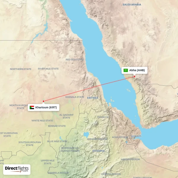 Khartoum - Abha direct flight map