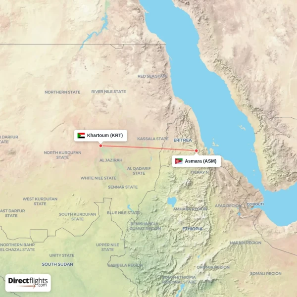 Khartoum - Asmara direct flight map