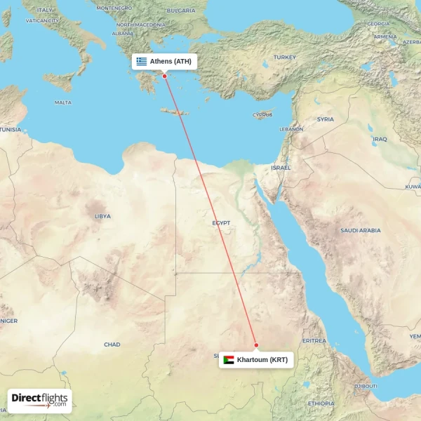 Khartoum - Athens direct flight map