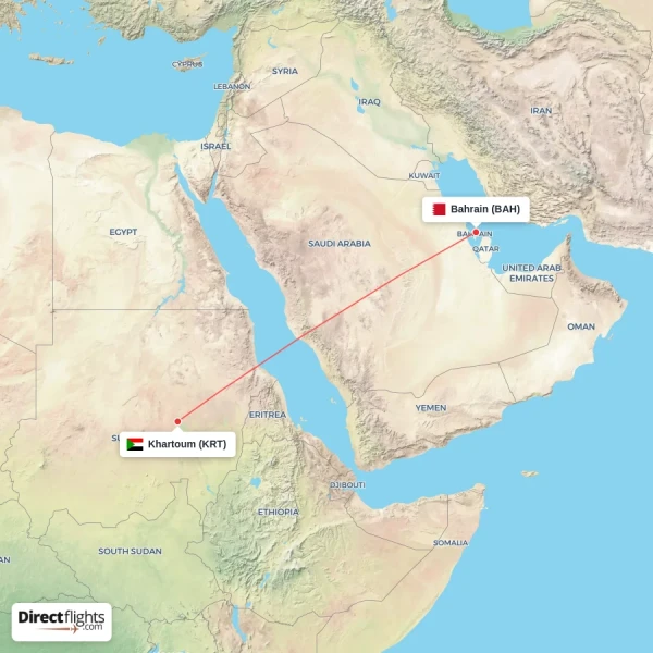 Khartoum - Bahrain direct flight map