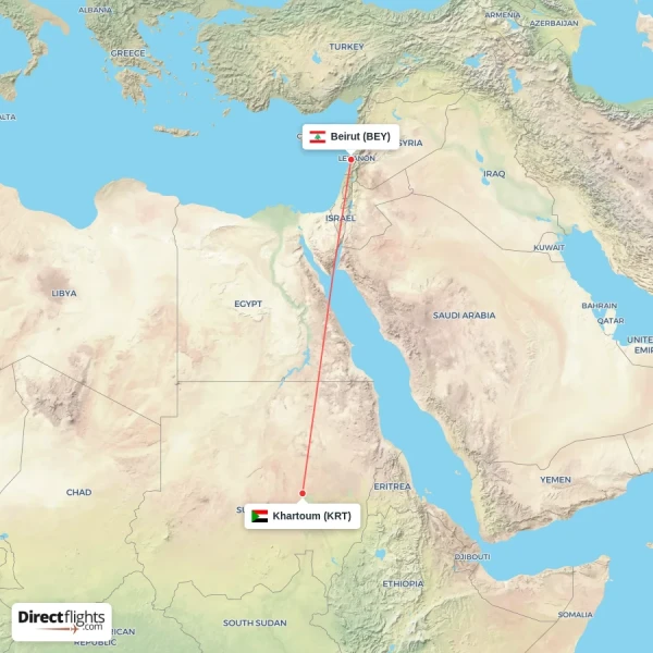 Khartoum - Beirut direct flight map